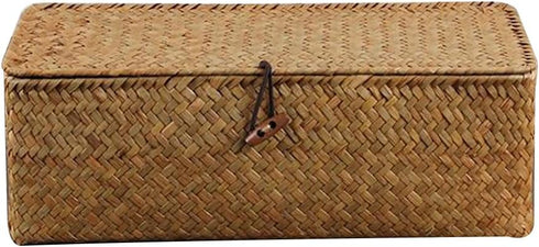 Handwoven Wicker Storage Basket with Lid, 3 Compartment Toilet Paper Holder for Bathroom, Kitchen Organizer Bin