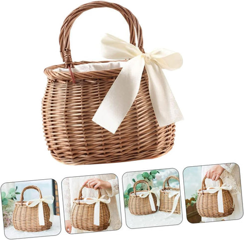 CHILDWEET Woven Flower Basket, Rattan Picnic Basket, Fruit Storage, Woven Pantry Organizer, Hand Basket