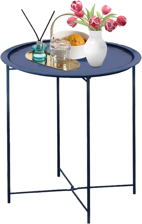 Garden 4 you End Table Metal Side Table Blue Round Folding Tray