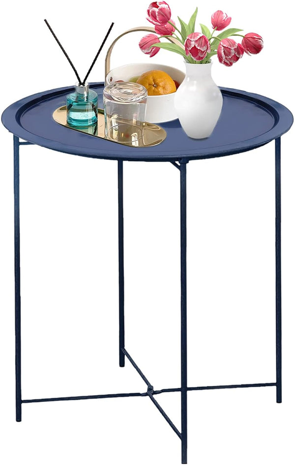 Garden 4 you End Table Metal Side Table Blue Round Folding Tray