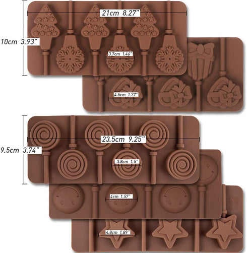 6 Cavity Silicone Lollipop Mold, Christmas Candy Mold, Round, Stars & Hearts, Bowknots, Smile Faces Shape, 5 PCS, 130