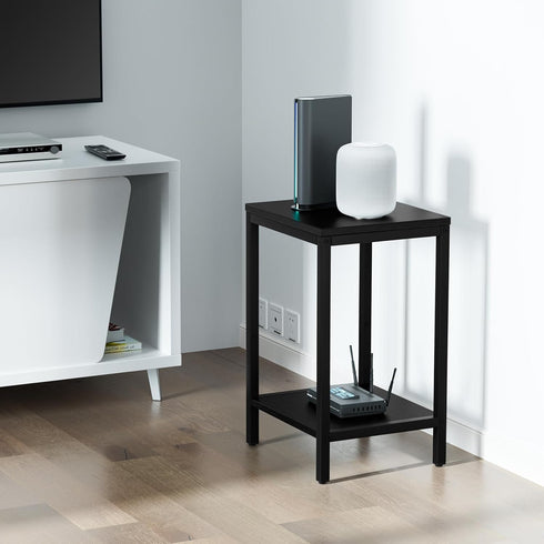 13.3''D 2 1PCS, SAYGOER Black End Tables Small Side Table with Storage Wood Night Stand Metal Frames Tier Bedside Table
