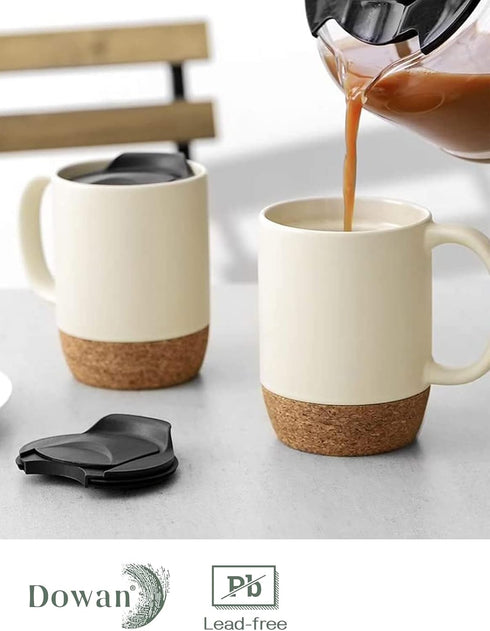 Set 2, 15 OZ DOWAN Coffee Mugs of Ceramic Mug with Cork Bottom and Splash Proof Lid, Large Coffee Cup with Handle