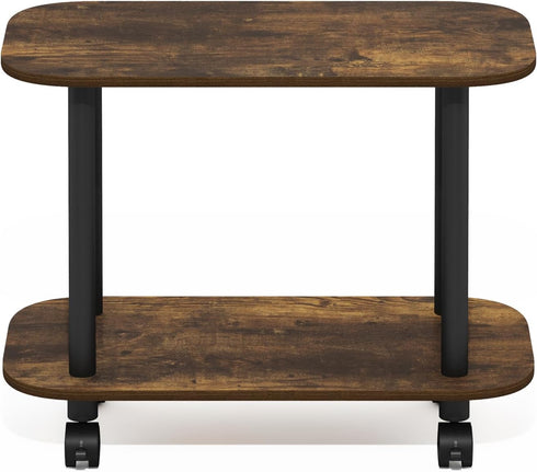 2-Tier Furinno Turn-N-Tube Side Table, Oval Sofa End Table with Wheels, Toolless Assembly Night Stand, Bedside Table