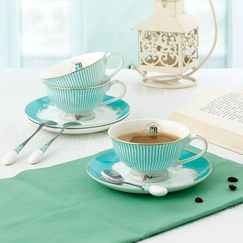 Cup & Saucer Set Bone China Porcelain Tea Coffee Cup for Breakfast Afternoon Tea - Blue Stripe Pattern (1)