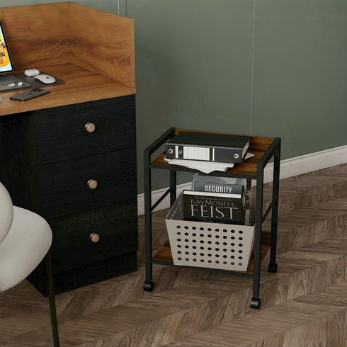 2-Tier Rolling Utility Cart Night Stand Organizer with Brown Wood Shelves and Black Metal Frame, End Side Table Storage