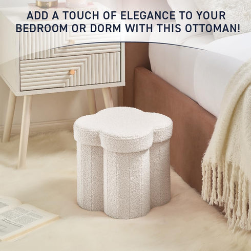12" Inch Ornavo Home White Boucle Storage Ottoman Cube Flower-Shaped Footstool with Hidden Storage, Faux Teddy Fur Foot