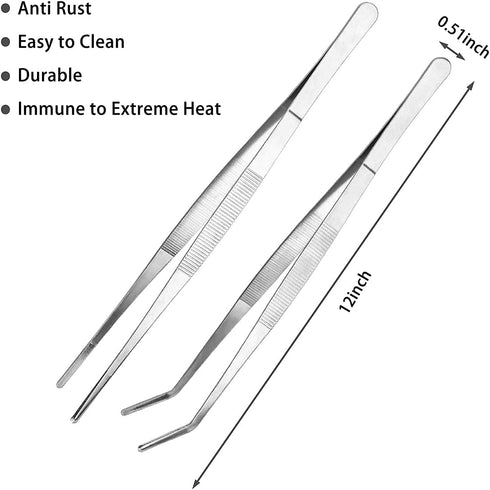 Kitchen Tweezers Long Tweezers Set, LEEFONE 2 PCS 12 Inch Stainless Steel Food Tweezers with Precision Serrated Tips for Cooking & Baking (Straight + Curved)