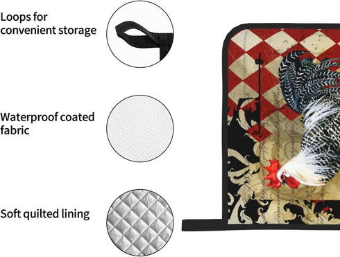 Rooster Print Oven Mitts and Pot Holders Set, 5 Pcs Heat Resistant Kitchen Mitten Gloves and Non-Slip Potholders
