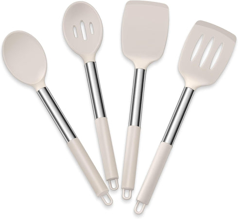 E-far Cooking Utensils Set of 4 - Silicone Kitchen Utensils for Non-stick Cookware, Heat Resistant, Khaki