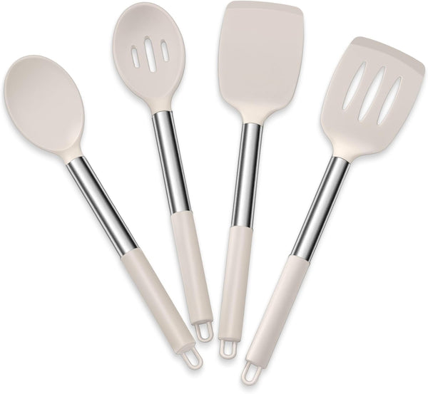 E-far Cooking Utensils Set of 4 - Silicone Kitchen Utensils for Non-stick Cookware, Heat Resistant, Khaki