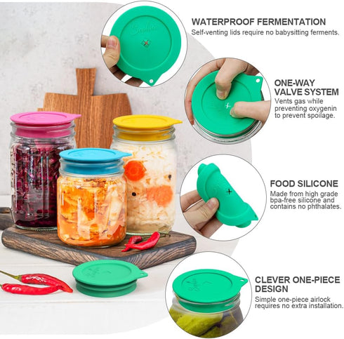 Sophico Silicone Fermenting Lids - Waterless Airlock Mason Jar Lid Caps for Pickles, Kimchi, 4 Pack, Wide Mouth