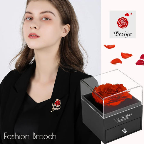 Preserved Red Rose Gift Box, Enchanted Real Rose with Ruby Brooch, Handmade Forever Red Rose Gift