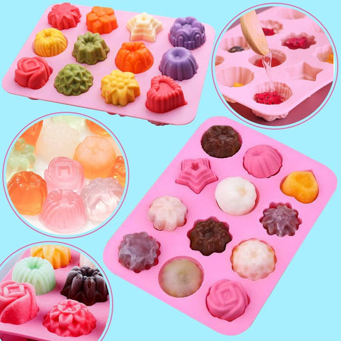 Newk Flower Heart Shape Chocolate Silicone Mold, 4 Packs 12 Cavity Candy Baking Mold for Parties, Festival and DIY
