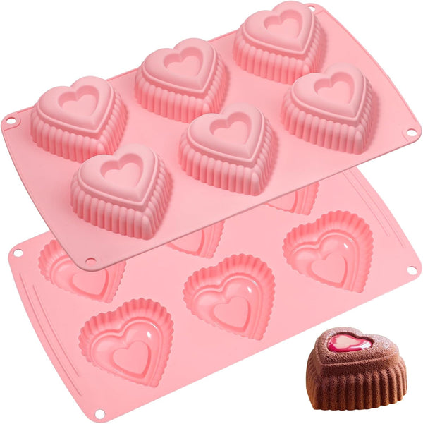Webake Silicone Heart Cake Mold, 6-Cavity Mini Heart Shaped Cake Pans, Pack of 2