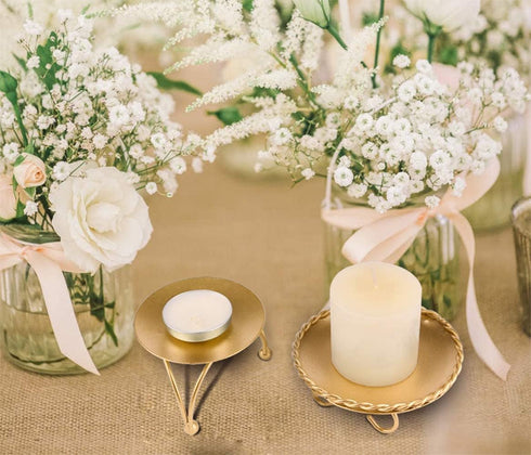 dedoot Gold Candle Holders Set of 2, Decorative Handmade Iron Pillar Plate Centerpiece for LED & Wax Candles