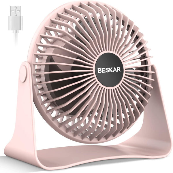 BESKAR USB Small Desk Fan, Portable Fan with 3 Speeds and 360° Rotation for Home and Office