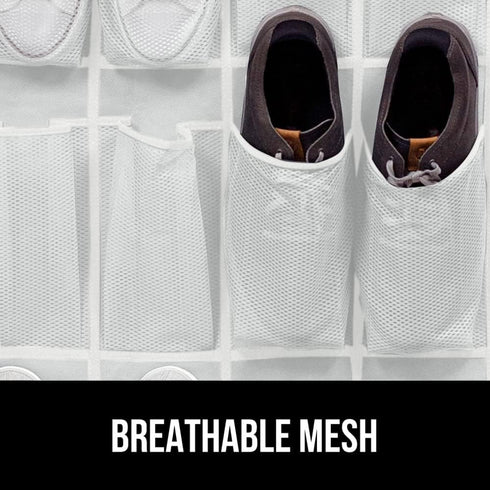 GORILLA GRIP Over the Door Shoe Organizer, 24 Large Breathable Mesh Pockets, Space Saving Storage Holder, White