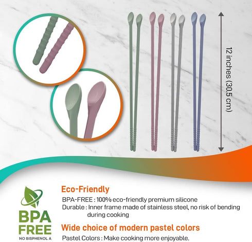 Reusable Long Silicone Cooking Chopsticks with Spoon 12 Inches Dishwasher Safe BPA-free Non-Slip Pastel Color Kitchen utensils Made in Korea (Pastel Grey)
