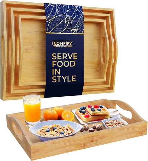 Comfify Bamboo Serving Trays Set of 3 Ottoman Trays for Food, Entertaining,