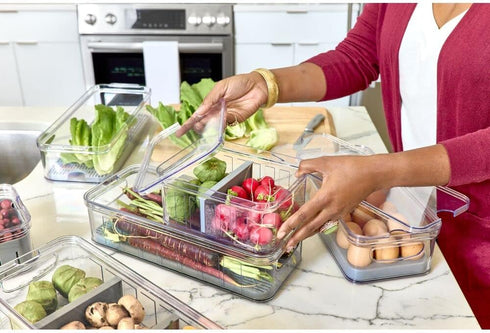 iDesign Crisp Produce Plastic Refrigerator Bin with Lid, Removable Inner Basket, BPA Free, 15.72" x 6.32"