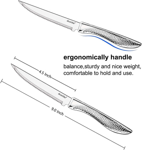 Steak Knives Set of 4, Stainless Steel Serrated Sharp Blade Flatware Steak Knife Set, Hammered Pattern Hollowed Handle,4.5 In,For Kitchen Restaurant Tableware, Dishwasher Safe by dearithe