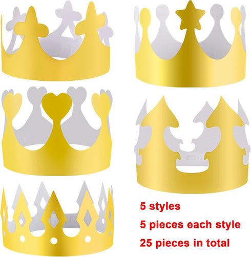 SIQUK 25 Pieces Gold Party Paper Crowns, 5 Styles, 5 Pcs Each, Golden Foil Headwear for Celebration