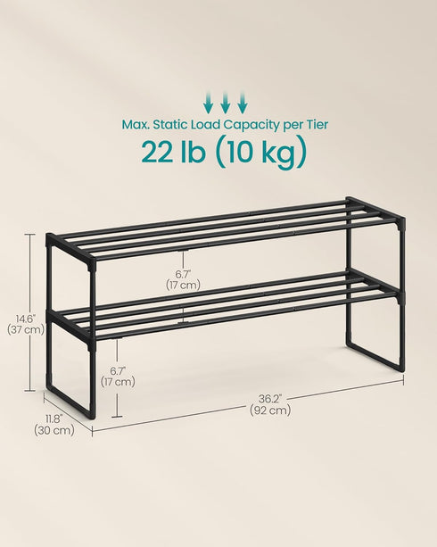 2-Tier 12-15 11.8 36.2 14.6 Inches, ULSA12BK SONGMICS Shoe Rack, Shoe Organizer, Metal Storage Shelf, Upright or Upside