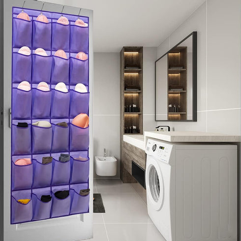 24 4 Over The Door Hanging Shoe Organizer Shoe Rack Hanger Large Fabric Pockets Holder with Sturdy Hooks (PURPLE)
