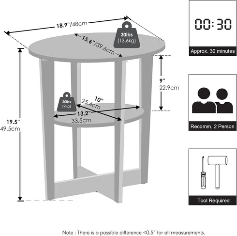 2-Tier Closet, Furinno TIDUR Night Stand, Oval Nightstand with Round Edge Tabletop, Open Shelf Bedside Table, End