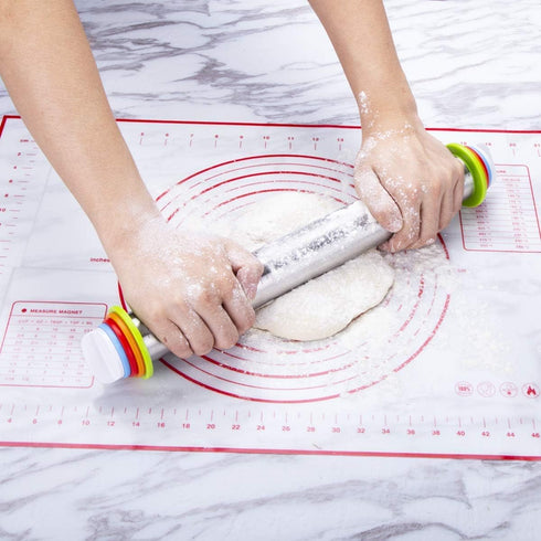 Rolling Pin and Pastry Baking Mat Set, Adjustable Thickness Rings, Stainless Steel Dough Roller for Baking