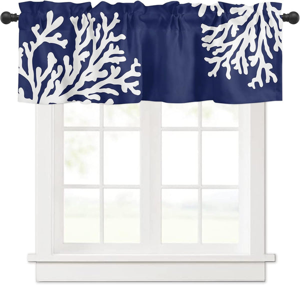 Navy Blue Coral Farmhouse Short Window Curtain Valances, 1 Panel Coastal Nautical Rod Pocket Kitchen Valances