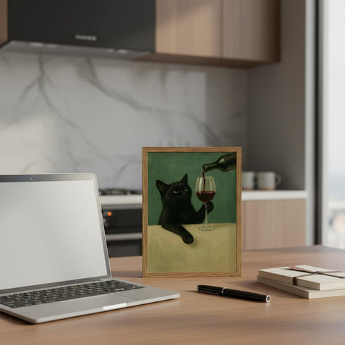 8x10 Inch Funny Black Cat Wall Art Moody Black Cat with Wine Glass Canvas Wall Decor Whimsical Animal Bar Cart Poster