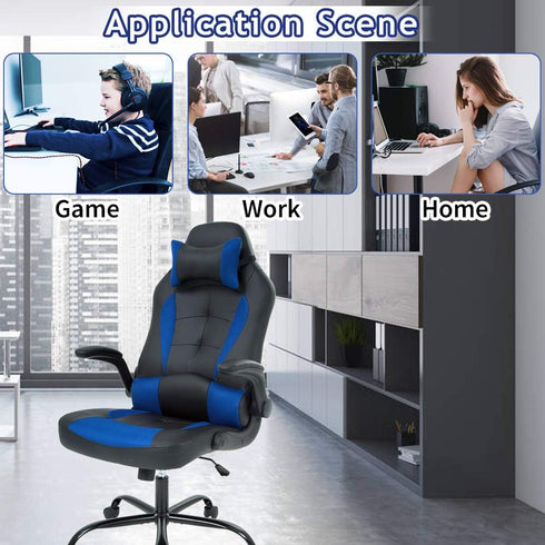 Blue Gaming Chair - Ergonomic High Back Office Desk Chair with Adjustable Lumbar Support, Flip-Up Arms & Headrest - PU