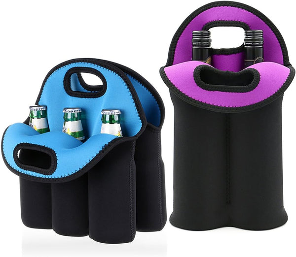 Hipiwe Set of 2 Insulated Neoprene Wine Carrier Tote Bag + 6 Pack Beer Can Carrier Tote, Perfect for Travel