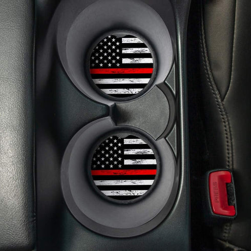 Set of 2 Thin Red Line Car Coasters for Drinks | Absorbent Coasters with Rubber Backing, 2.56 inches
