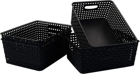 Asking 4-Pack Plastic Weave Storage Basket, Black Plastic Organizing Baskets