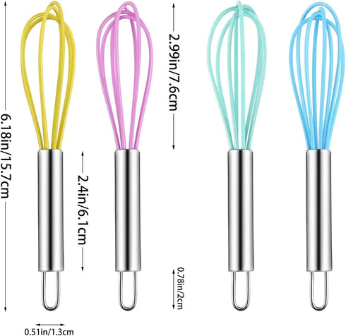 4 Pack Colorful Mini Silicone Kitchen Whisks, Stainless Steel Handles for Milk Egg Blending, 6 Inches