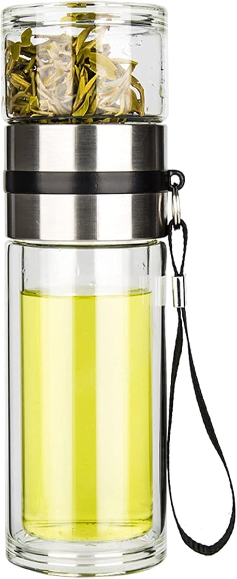 PARACITY Glass Tea Infuser Bottle, Double Wall Borosilicate Travel Tumbler Mug for Loose Leaf Herbal Tea, 13 OZ