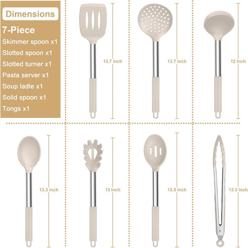 E-far Silicone Cooking Utensils Set, 7 Pcs Heat Resistant Kitchen Utensils with Stainless Steel Handle, Slotted Turner, Spoon, Soup Ladle, Pasta Server, Skimmer, Tongs for Nonstick Cookware, Khaki by E-far