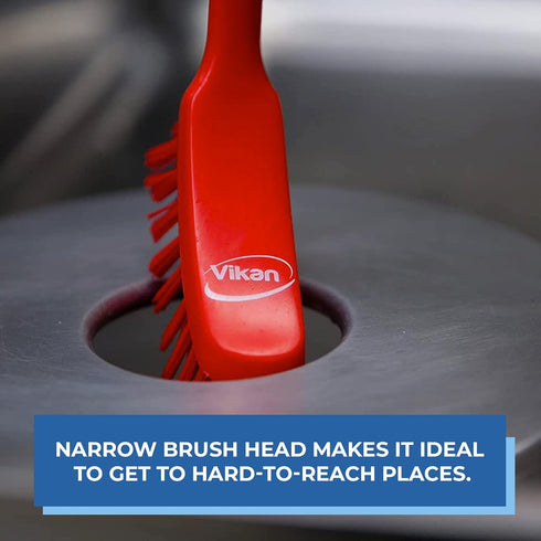 Vikan Heavy-Duty Fine Dish Brush, Narrow, Slip-Resistant, 11 Inch, Blue