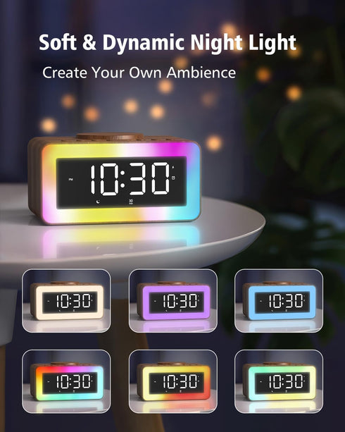 Digital Alarm Clocks for Bedrooms, Bluetooth Speaker, Alarm Clock with Wireless Charging, White/Brown Noise Sound