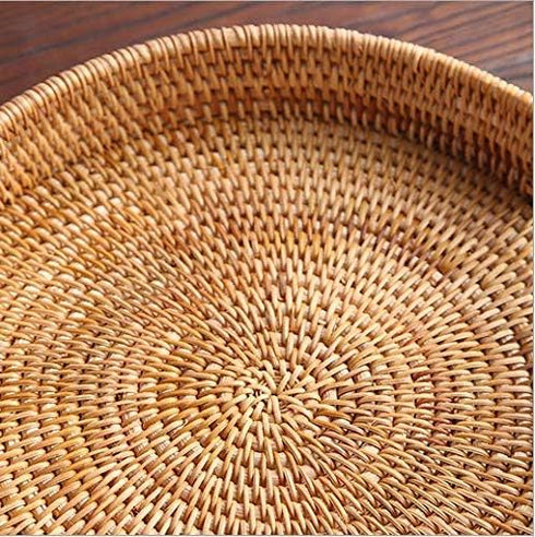 YANGQIHOME Rattan Round Serving Tray - Decorative Coffee Table Tray, Hand Woven Serving Basket with Handles
