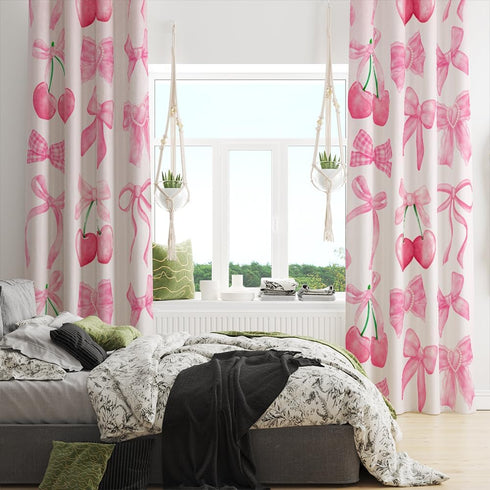 Reateforin 2 42"WX63"H Preppy Pink Cherry Bows Curtains Princess Curtains for Girls Bedroom Coquette Decor Bow Themed
