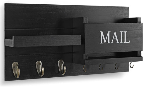 Mail Organizer for Wall Mount, Key Holder with Shelf, Letter Holder and Hooks for Hallway Decor - Rustic Wood
