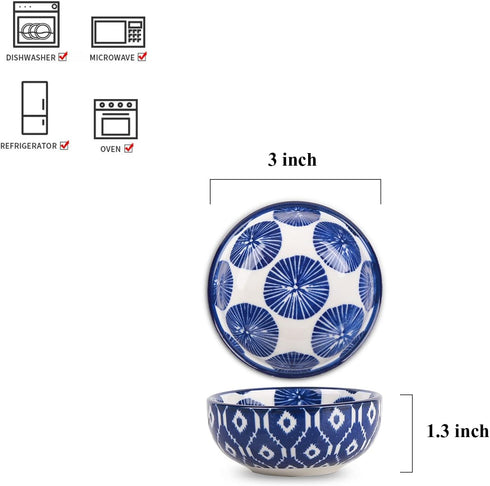 Selamica Ceramic Mini Dipping Bowls 3 inch Soy Sauce Dish Set, 2.7 oz Small Dip Bowl for Side Dish, Appetizers, Sushi, BBQ, Set of 6, Vintage Blue by Selamica