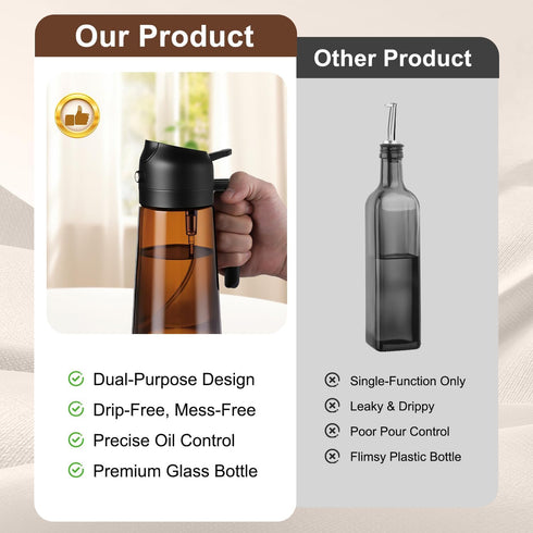 16oz/470ml 2 1 Olive Oil Sprayer for Cooking, in Oil Dispenser Bottle Spray and Pour with Stickers, Premium Dark Brown