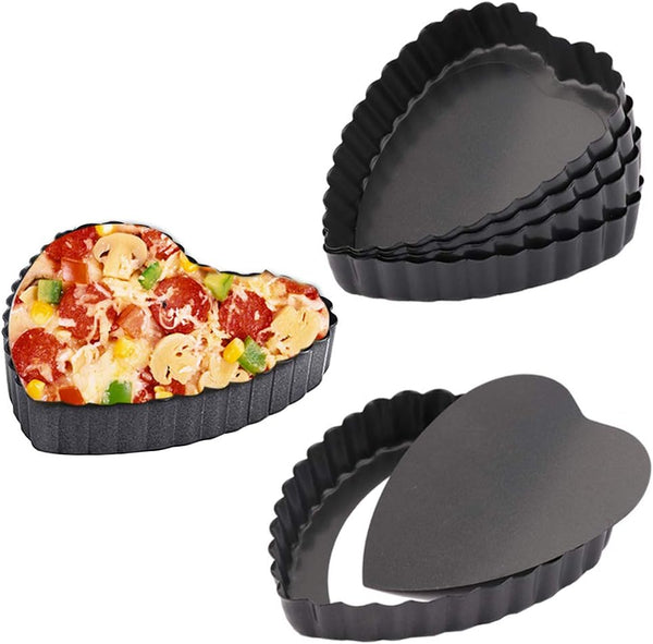 Mini Tart Pan Set of 6, Non-Stick 4 Inch Heart-shaped Quiche Pan with Removable Bottom for Pies & Muffins