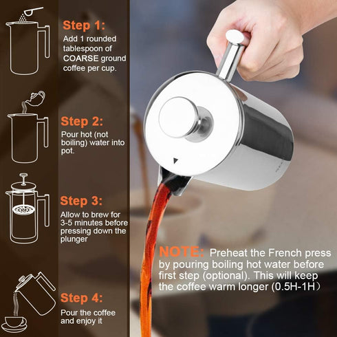 Secura French Press Coffee Maker, 304 Grade Stainless Steel Insulated Coffee Press, 17oz (0.5 Litre), Silver