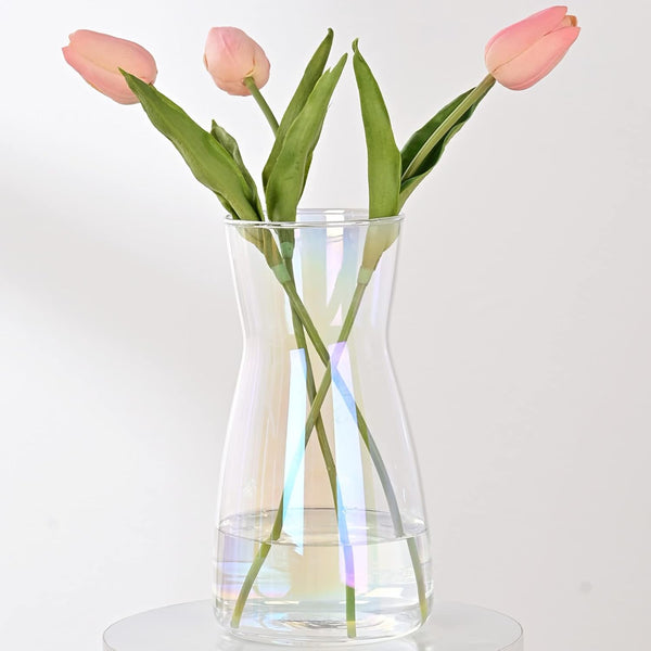 8 inch Iridescent Glass Flower Vases for Centerpiece Table Decor, Modern Boho Style Vase for Wedding Housewarming Gift